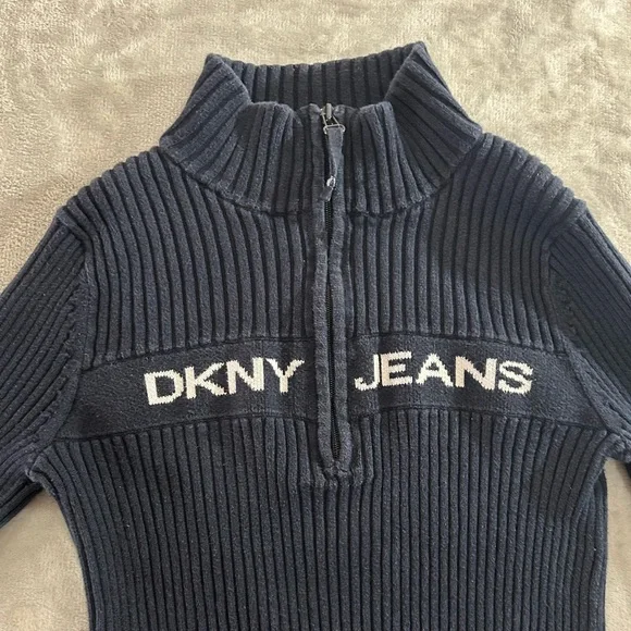 DKNY Y2K fitted ribbed logo navy blue quarter zip sweater - Picture 6 of 9
